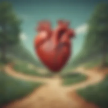 Depiction of a heart torn between two paths