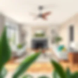 An overview of a contemporary living room staged for sale.