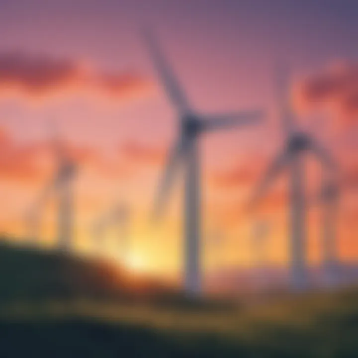 Wind turbines against a sunset backdrop, symbolizing clean energy