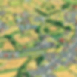Aerial view of diverse land types including agricultural and residential areas