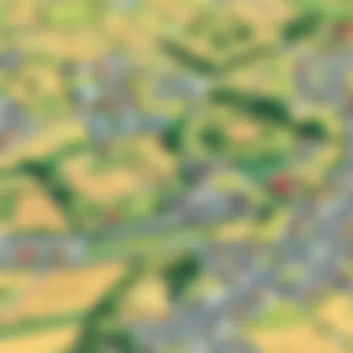 Aerial view of diverse land types including agricultural and residential areas