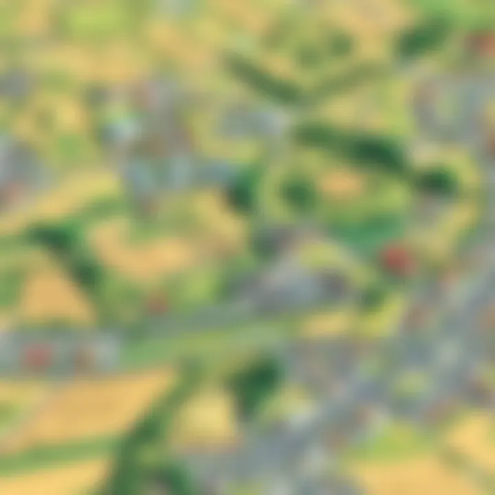 Aerial view of diverse land types including agricultural and residential areas
