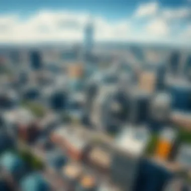 Aerial view of a bustling city showcasing commercial buildings